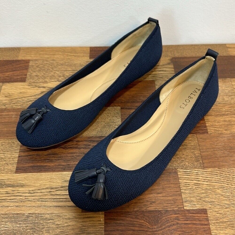 Talbots Womens Penelope Flats 8.5 Navy Blue Knit Tassel Slip On Ballet Round Toe - Picture 3 of 8